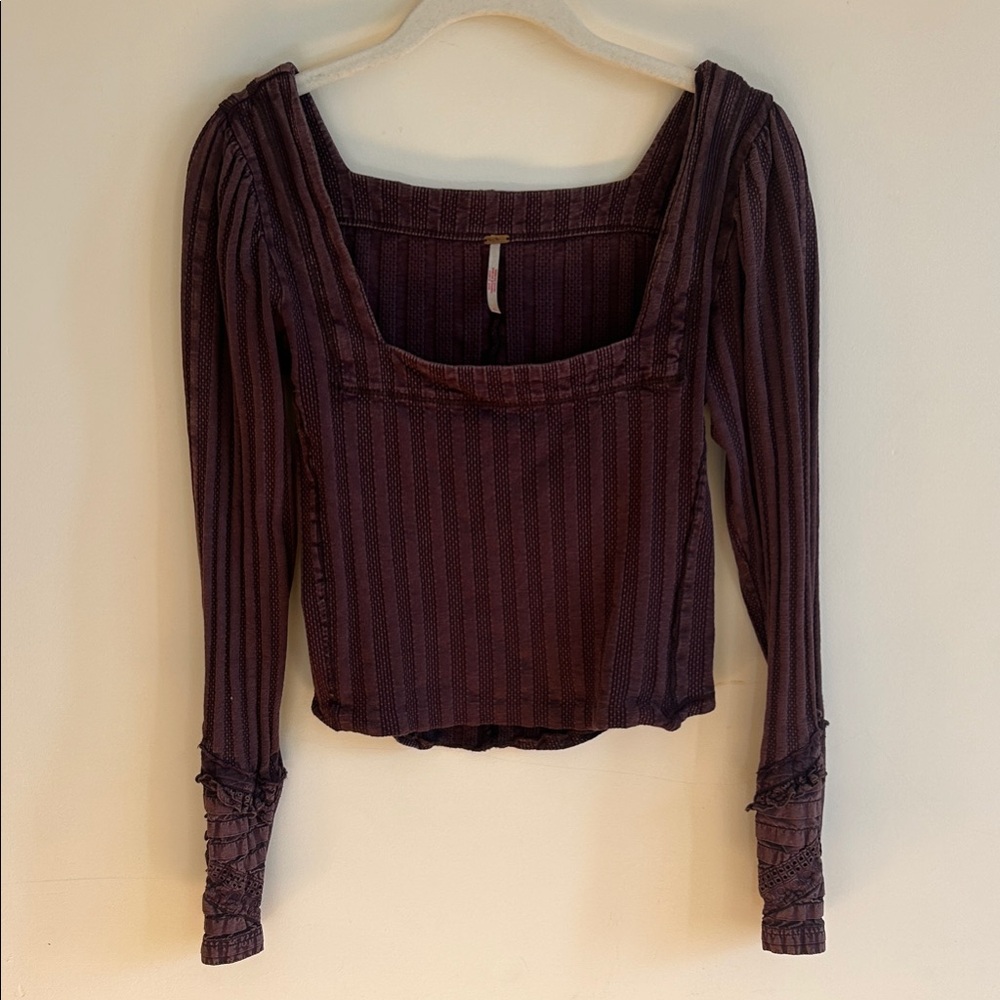 Free People Purple Striped Long Sleeve Top Square Neck Romantic Cuffs Cropped